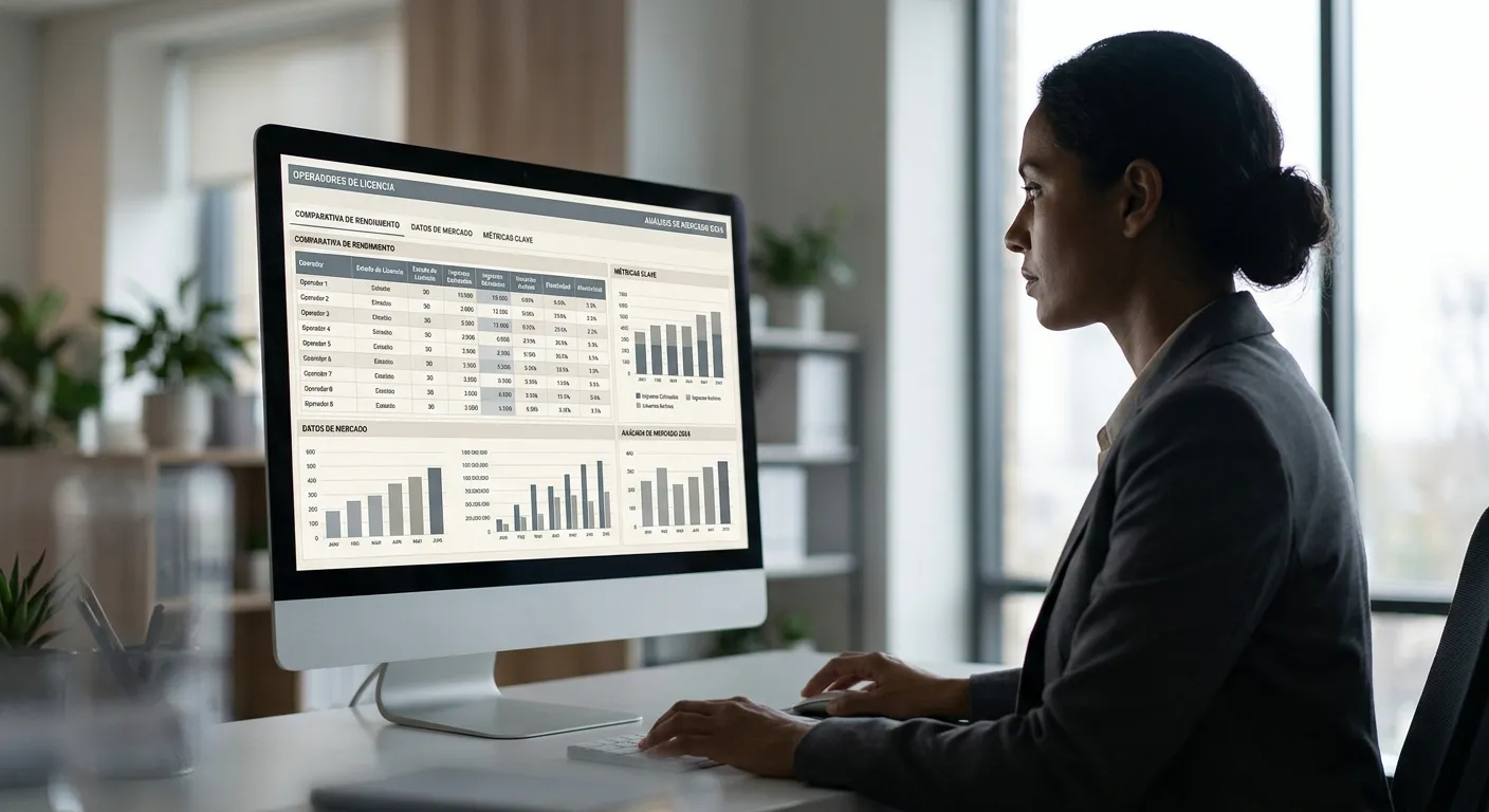Vista lateral de persona revisando en monitor grande tabla comparativa con datos de múltiples operadores regulados