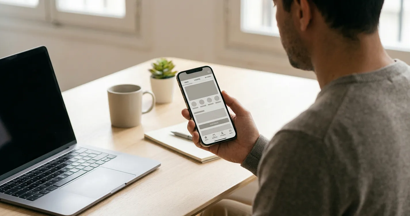 Persona consultando aplicaciones de apuestas legales en smartphone sobre mesa neutra