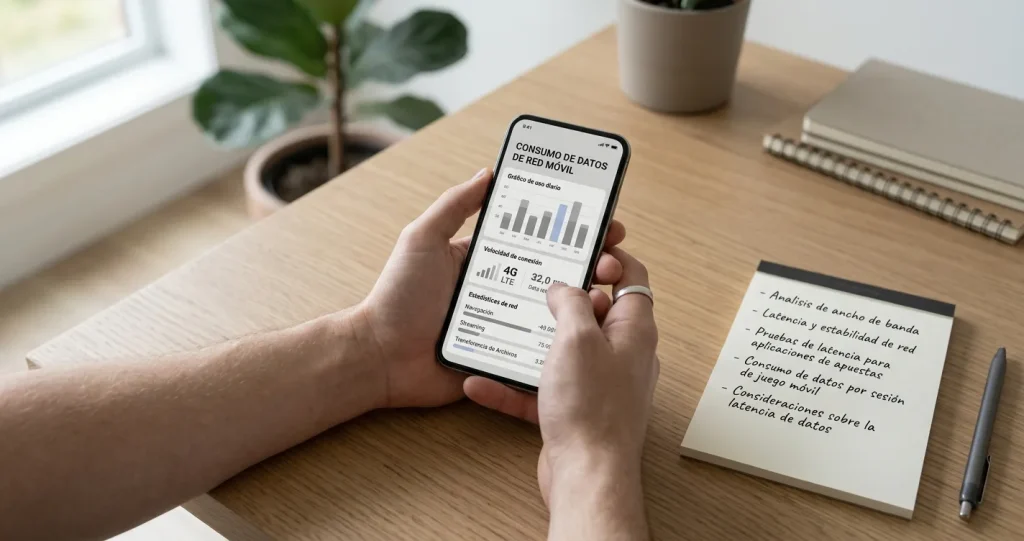 Persona usando smartphone para apuestas móviles en España con datos y latencia