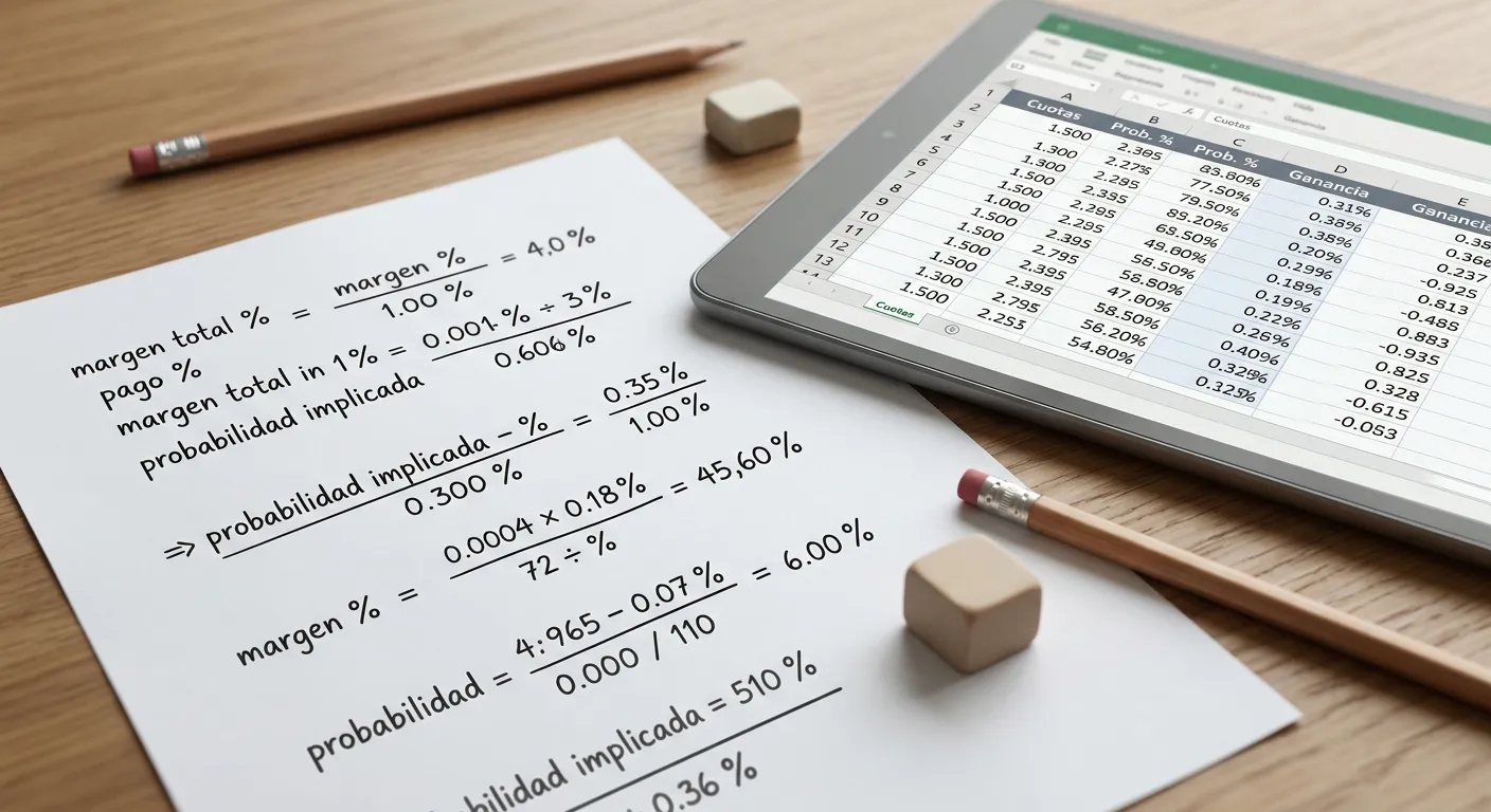 Detalle de papel con cálculos manuscritos de porcentajes y fórmulas matemáticas junto a tablet con tabla comparativa