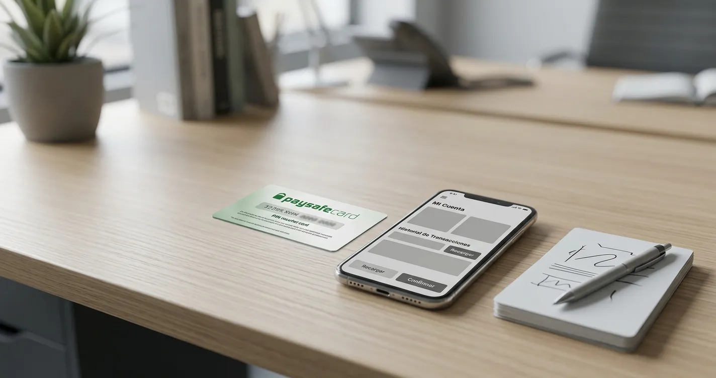 Cupón Paysafecard junto a dispositivo móvil en escritorio neutro
