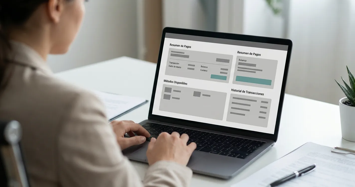 Persona revisando métodos de pago digitales en pantalla con interfaz neutral