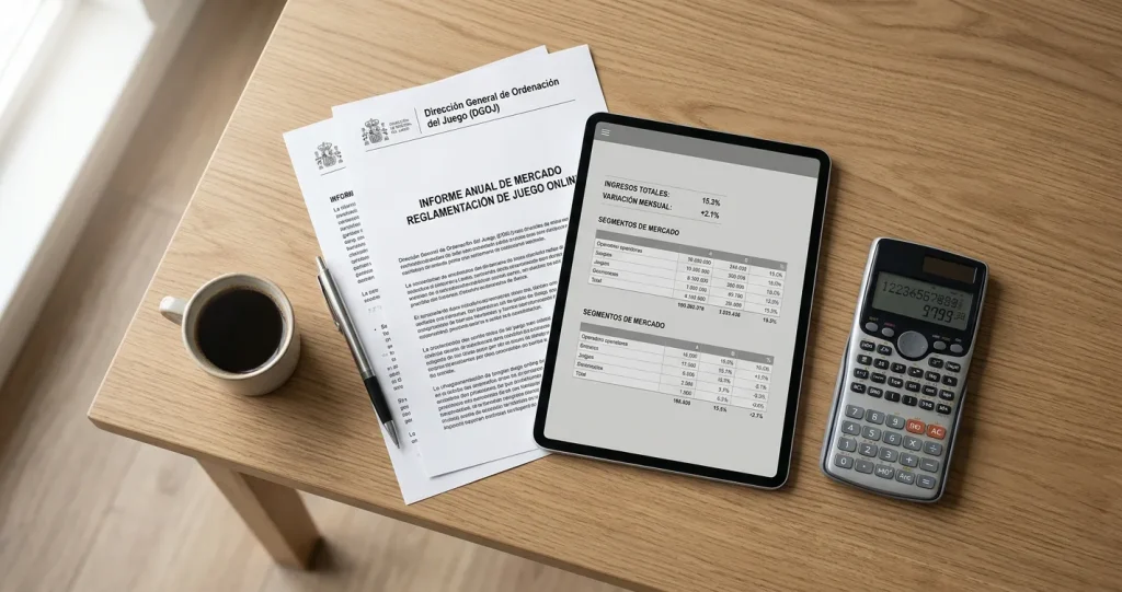 Vista cenital de una mesa de trabajo con documentos oficiales, calculadora y tablet mostrando tabla de datos sobre operadores regulados
