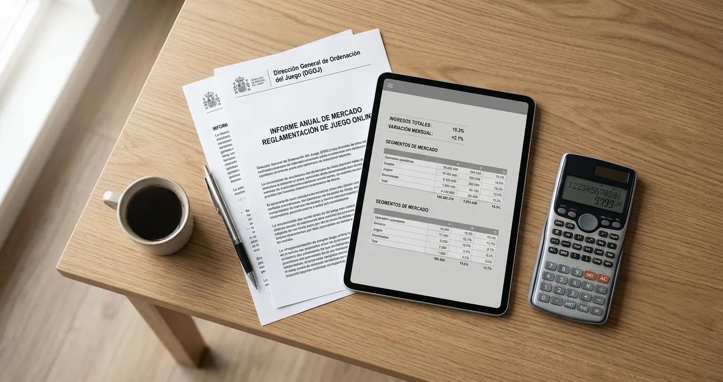 Vista cenital de una mesa de trabajo con documentos oficiales, calculadora y tablet mostrando tabla de datos sobre operadores regulados
