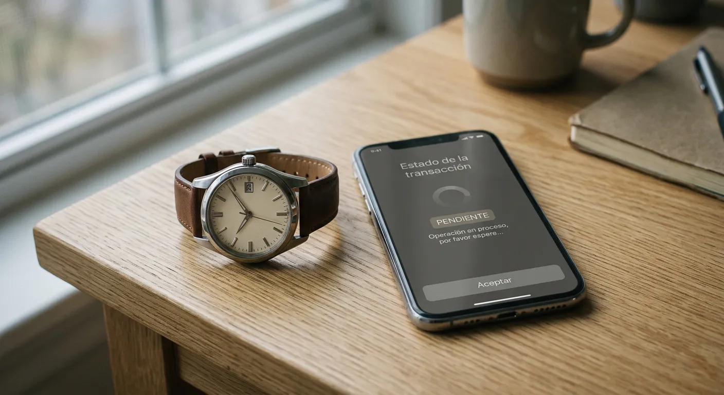 Reloj y smartphone simbolizando tiempo de espera en retiros