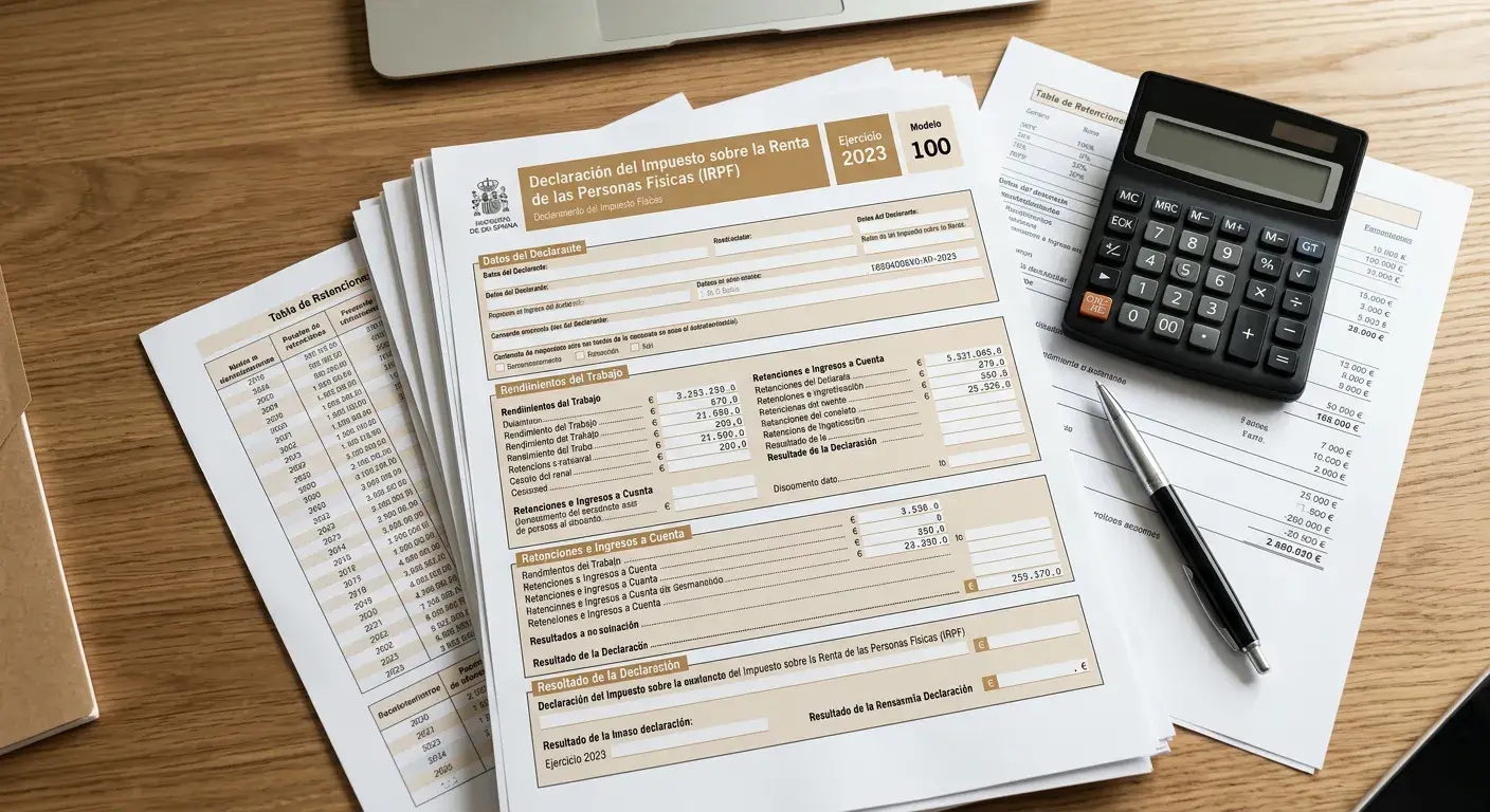 Formulario de impuestos con calculadora y documentación de ganancias