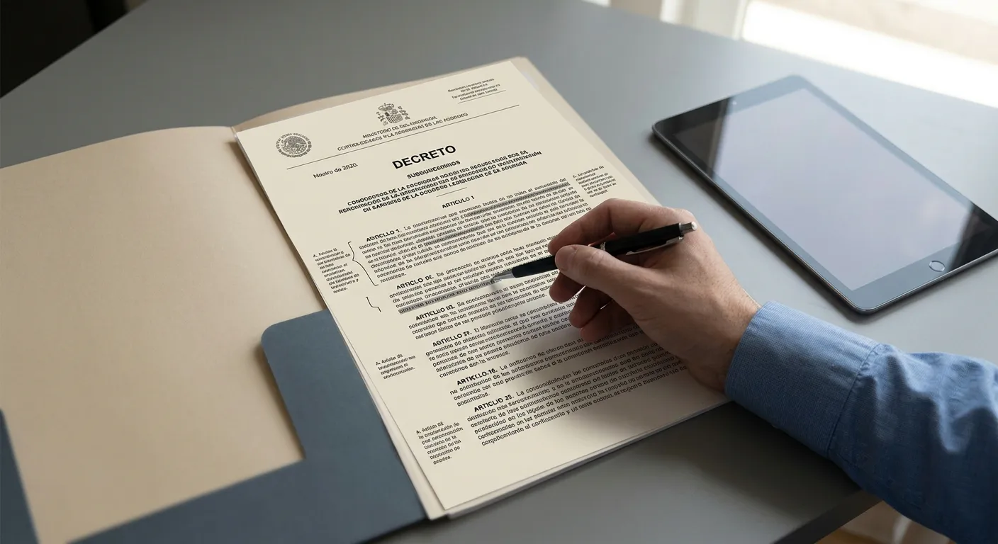 Representación editorial de marco regulatorio con documento oficial y elementos de límites operativos
