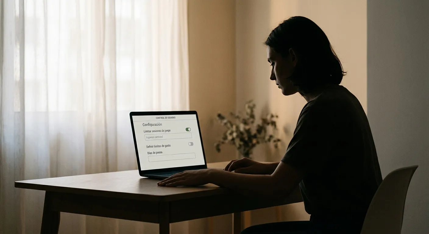 Escena sobria de autogestión con herramientas de límites personales y control de actividad