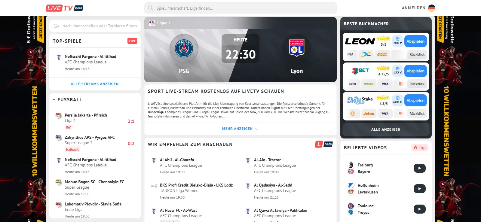 Startseite von LiveTV mit Ergebnisleiste, Spalte der Spiele und Sprachwahl