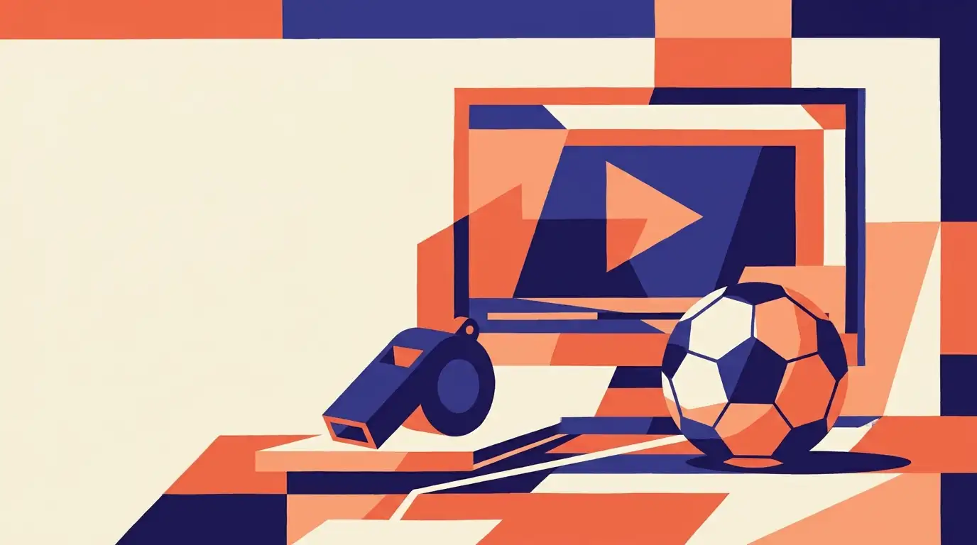 Symbolische Szene für Sport-Streaming mit Bildschirm, Ball und Schiedsrichterpfeife
