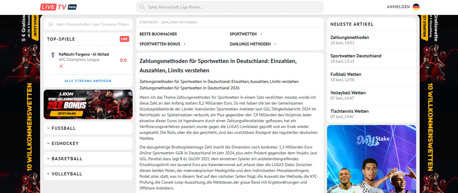 Übersicht der Zahlungsmethoden mit eigenen Ratgebern bei LiveTV