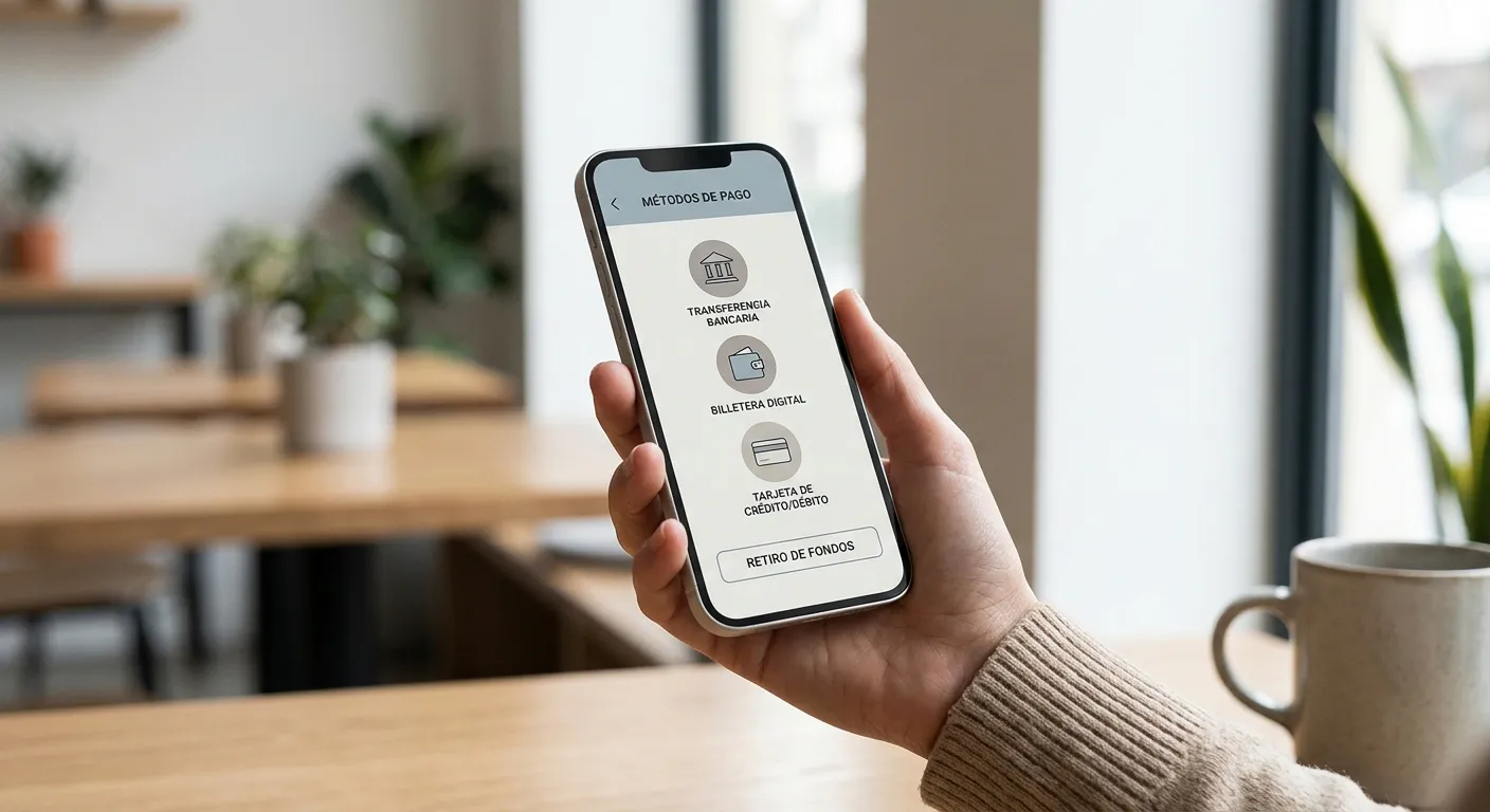 Smartphone mostrando opciones de métodos de pago para depósitos y retiros en plataformas reguladas