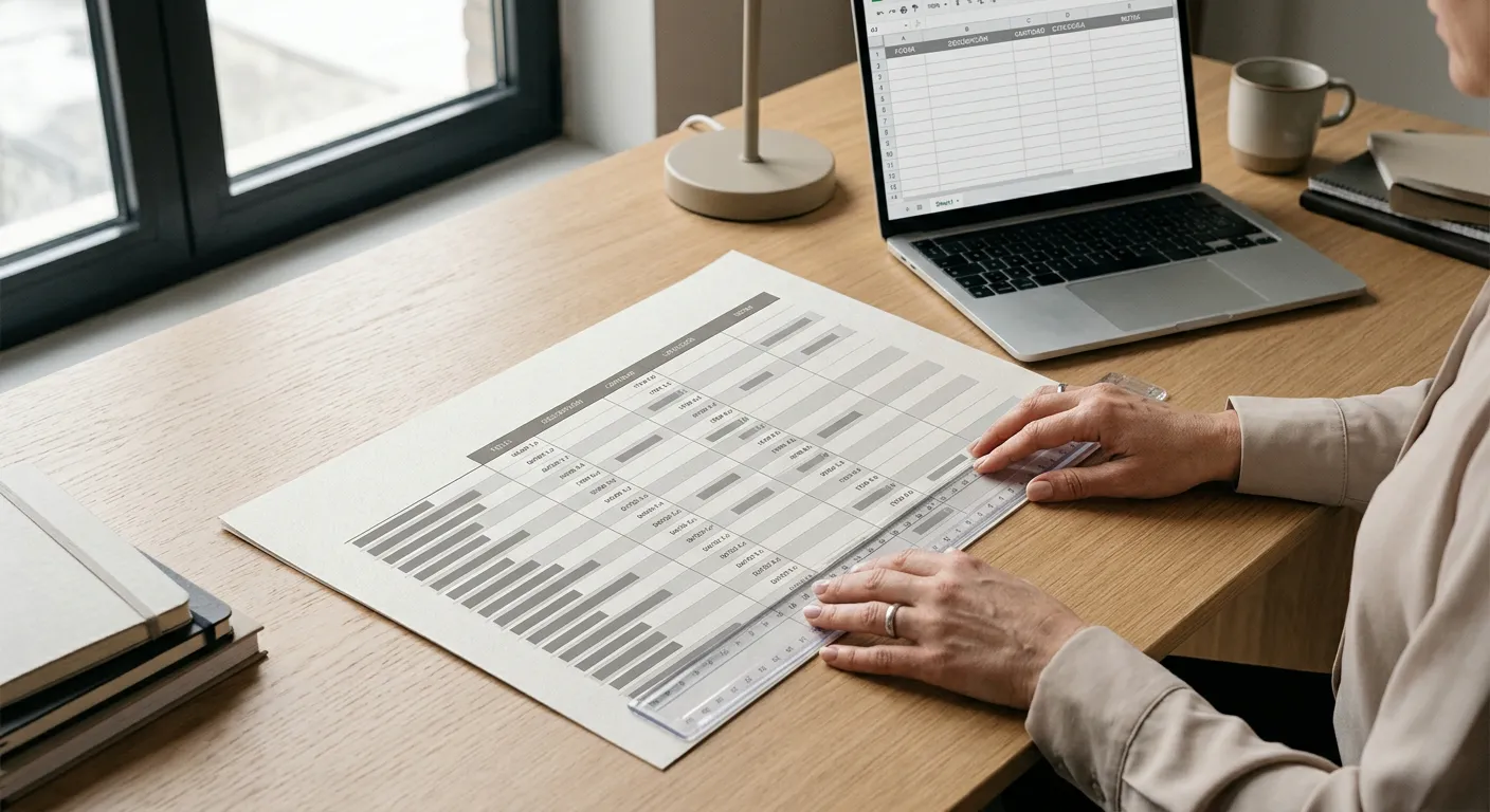 Mesa de trabajo con tabla comparativa abstracta de operadores y criterios de evaluación objetivos