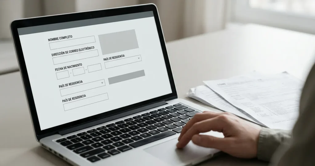 Proceso de registro en casa de apuestas mostrando formulario digital y documentación de verificación