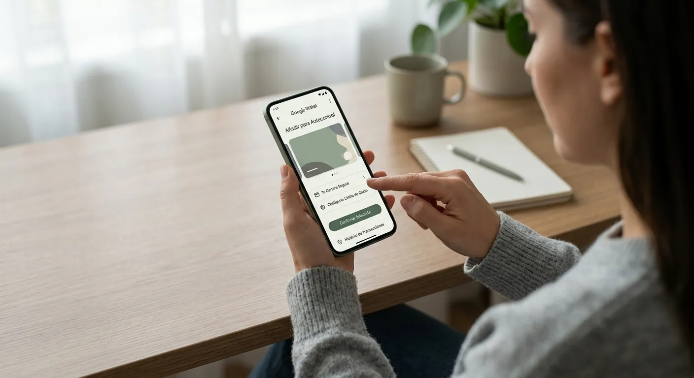 Smartphone con Google Wallet mostrando tarjeta virtual para control de gasto