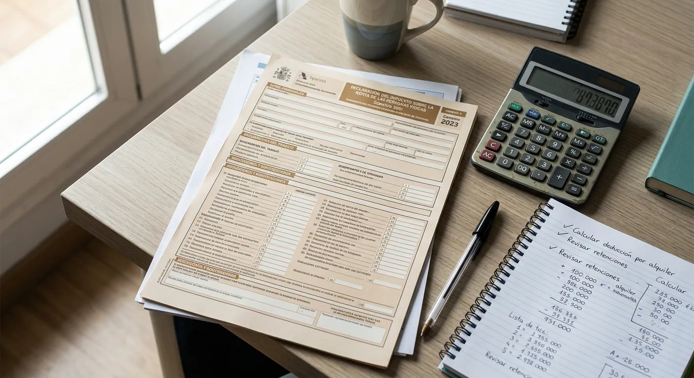 Formulario fiscal español sobre escritorio con calculadora y cuaderno de notas, ambiente de trabajo administrativo